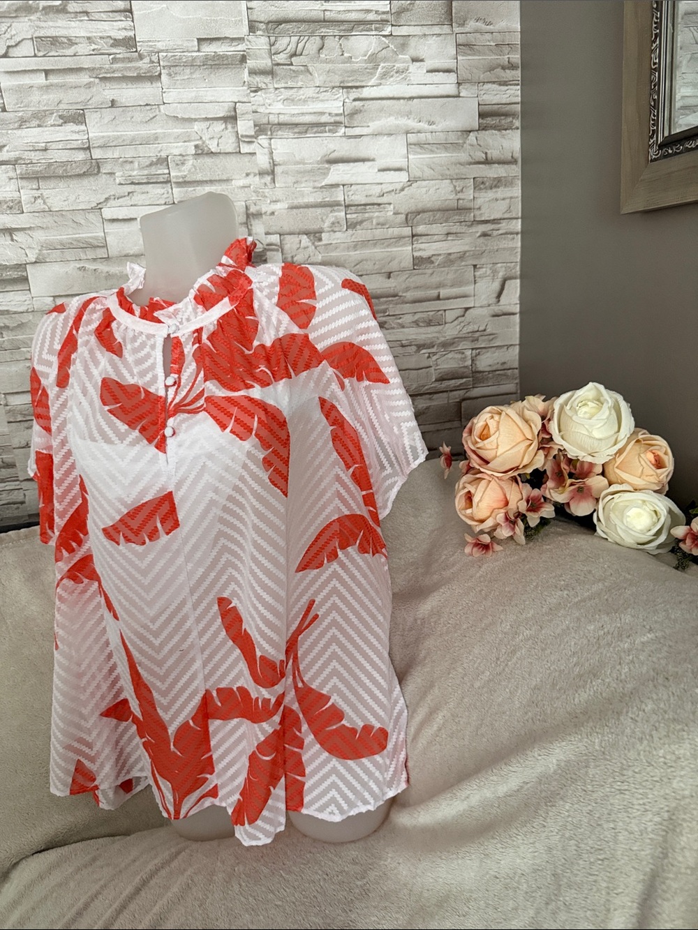 Liz Claiborne White Blouse with Orange Floral Print